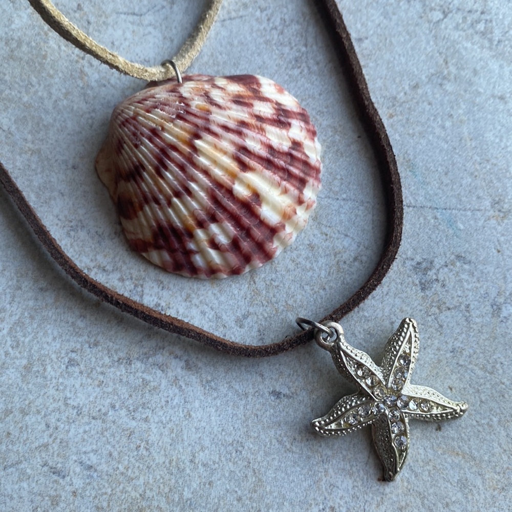 Lot of 2 Beachy Deerskin Necklaces - Seashell & Starfish